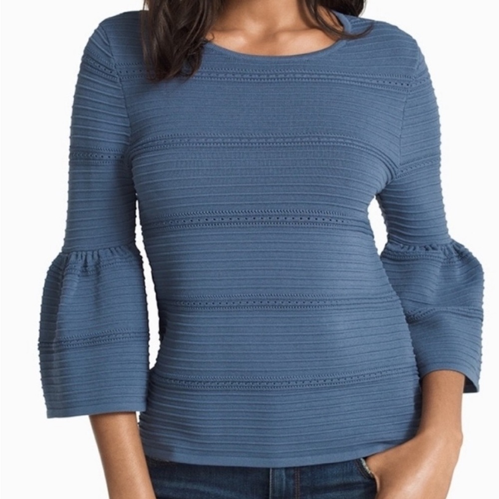 White House Black Market Drama sleeve pointelle Knit slate Blue Sweater large